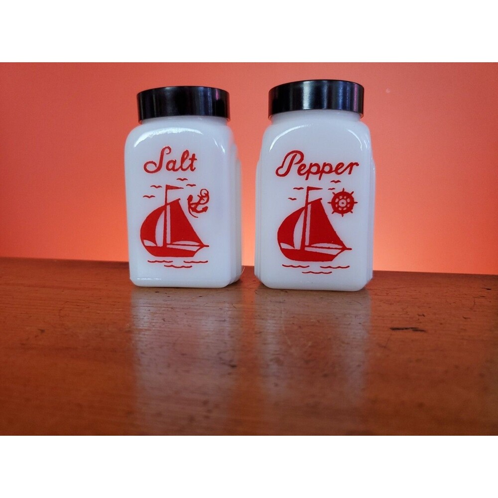 McKee Glass De Luxe White Milk Glass Salt & Pepper Shaker Set Sail Boats USA